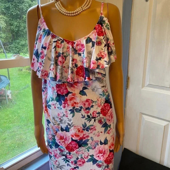 Boho Floral Print Hi low Adjustable Strap Fit and Flared Maxi Dress Women Sz MT - Picture 6 of 7